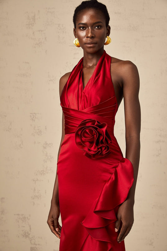 Clara Wine Red Satin Maxi Dress with Halterneck Design and 3D Petal Embellishments
