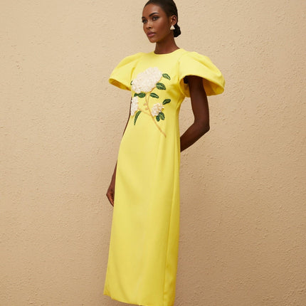 Clara Yellow Floral Embroidered Midi Dress with Bead Embellishments