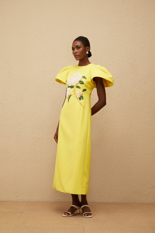 Clara Yellow Floral Embroidered Midi Dress with Bead Embellishments