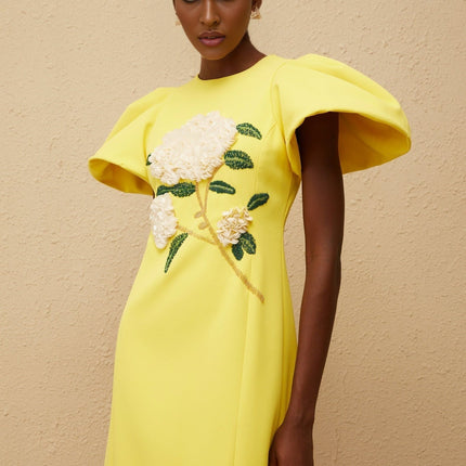 Clara Yellow Midi Dress with Bead Embellishments and Floral Embroidery