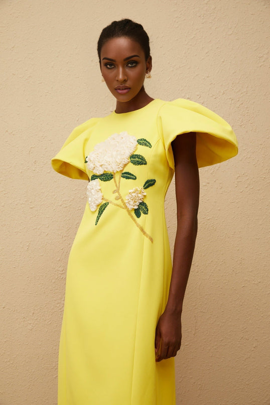 Clara Yellow Midi Dress with Bead Embellishments and Floral Embroidery