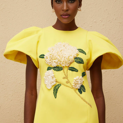 Clara Yellow Midi Dress with Bead Embellishments and Floral Embroidery
