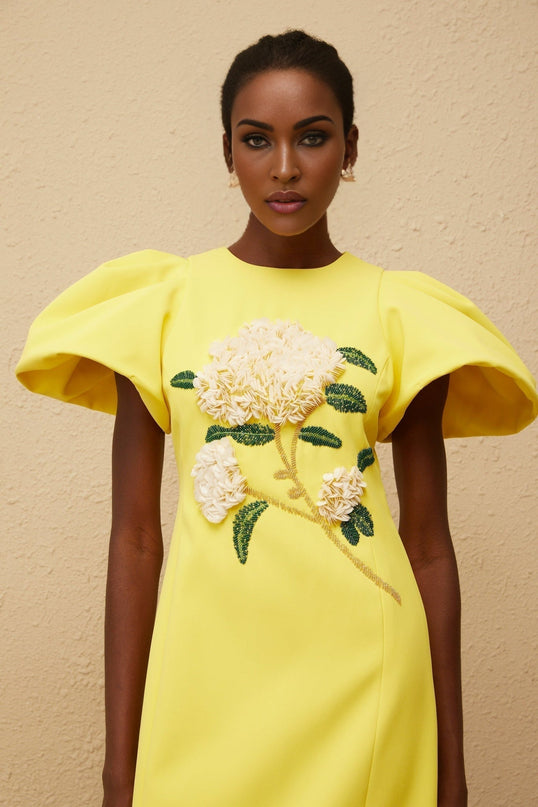 Clara Yellow Midi Dress with Bead Embellishments and Floral Embroidery