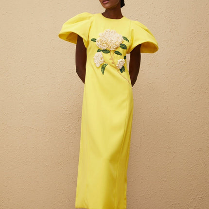 Clara Yellow Midi Dress with Bead Embellishments and Floral Embroidery
