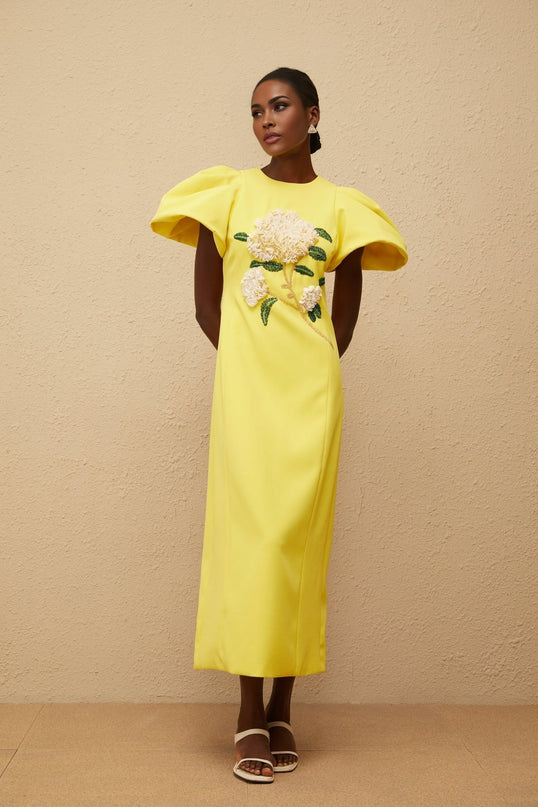 Clara Yellow Midi Dress with Bead Embellishments and Floral Embroidery