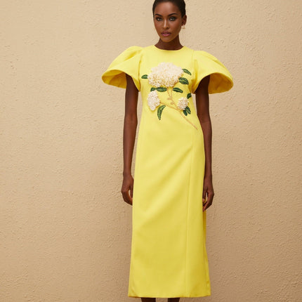 Clara Yellow Midi Dress with Bead Embellishments and Floral Embroidery