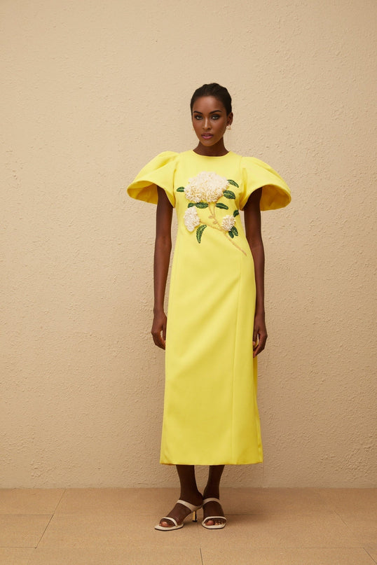 Clara Yellow Midi Dress with Bead Embellishments and Floral Embroidery