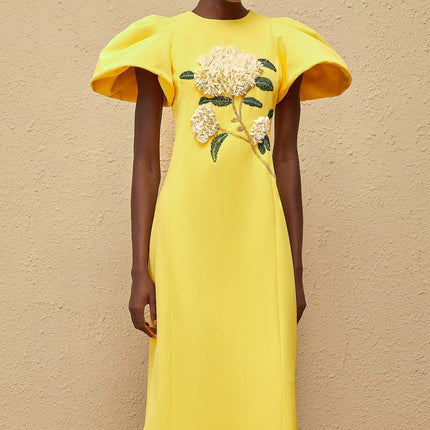 Clara Yellow Embellished Floral Midi Dress with Sequin Details and Rear Slit