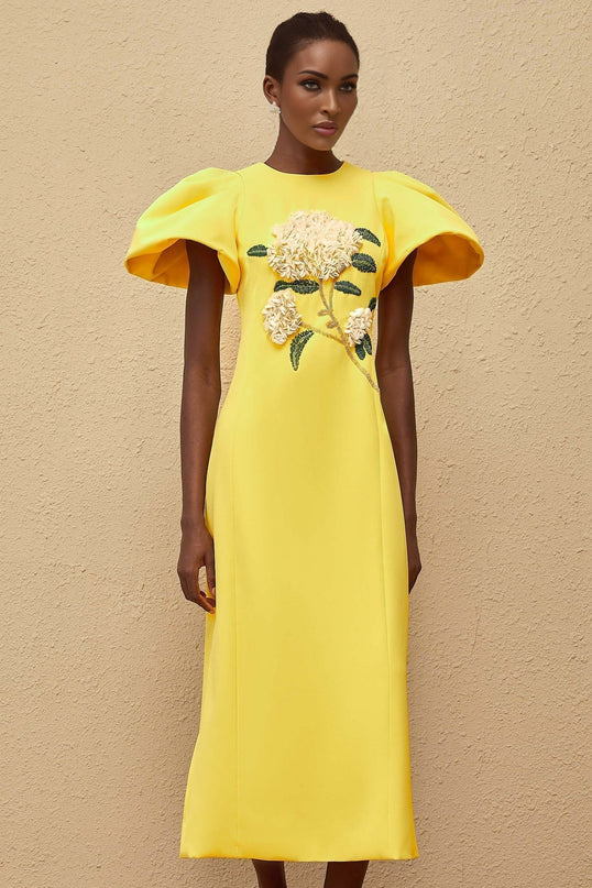Clara Yellow Embellished Floral Midi Dress with Sequin Details and Rear Slit