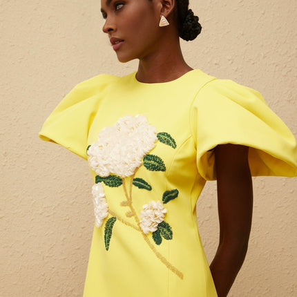 Clara Yellow Midi Dress with Bead Embellishments and Floral Embroidery