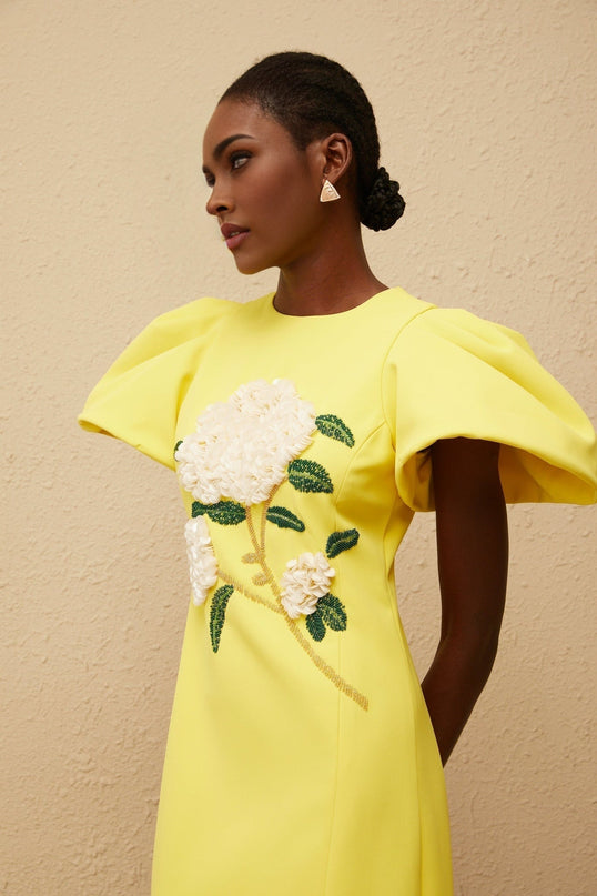Clara Yellow Midi Dress with Bead Embellishments and Floral Embroidery
