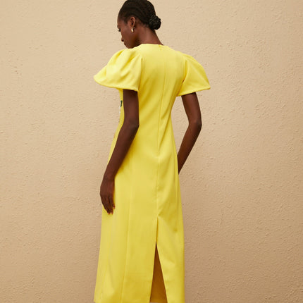 Clara Yellow Midi Dress with Bead Embellishments and Floral Embroidery