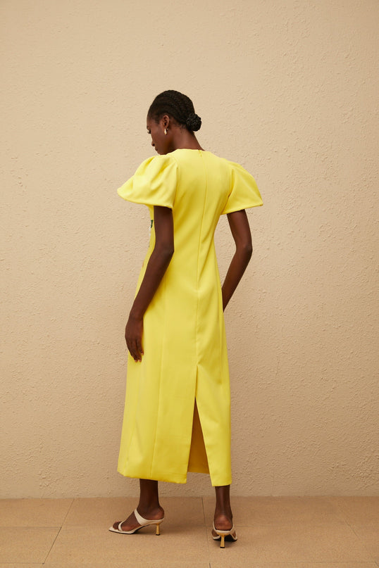 Clara Yellow Midi Dress with Bead Embellishments and Floral Embroidery