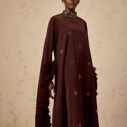 Clarissa Aubergine Sequin Embellished Midi Dress with Flared Sleeves and Ruffled Accents