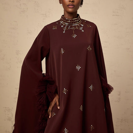 Clarissa Aubergine Sequin Embellished Midi Dress with Tulle Panel Detailing Flared Sleeves and Ruffled Accents