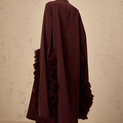 Clarissa Aubergine Sequin Midi Dress with Flared Sleeves and Ruffled Accents