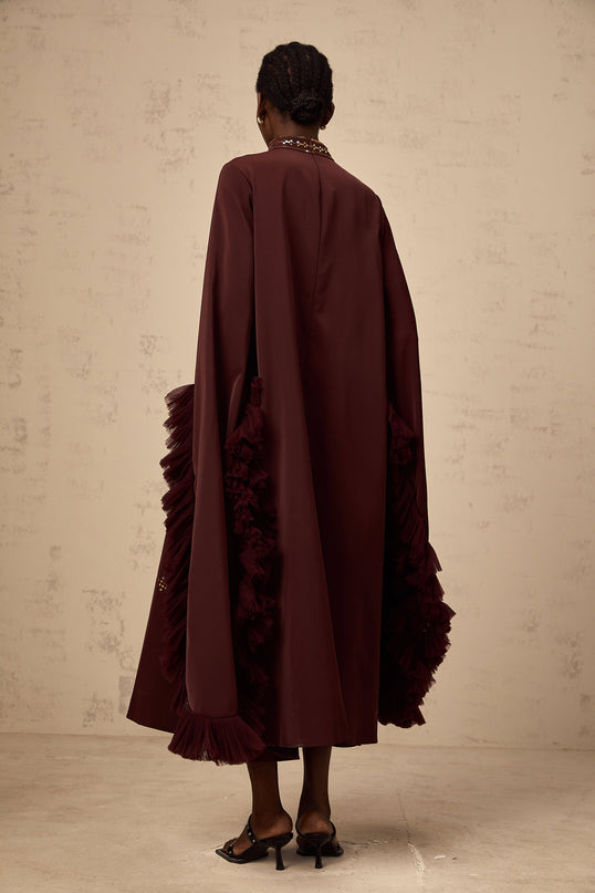 Clarissa Aubergine Sequin Midi Dress with Flared Sleeves and Ruffled Accents