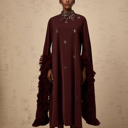 Clarissa Aubergine Sequin Tulle Panel Midi Dress with Flared Sleeves and Ruffled Accents