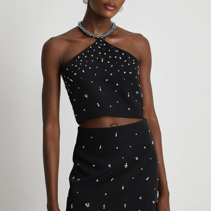 Clarissa Black Crystal Embellished Halterneck Skirt and Top Set