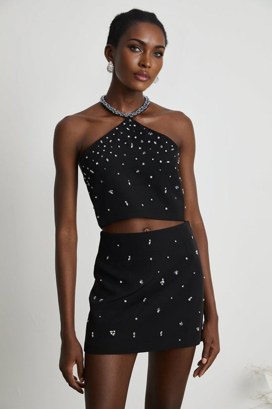Clarissa Black Crystal Embellished Halterneck Skirt and Top Set