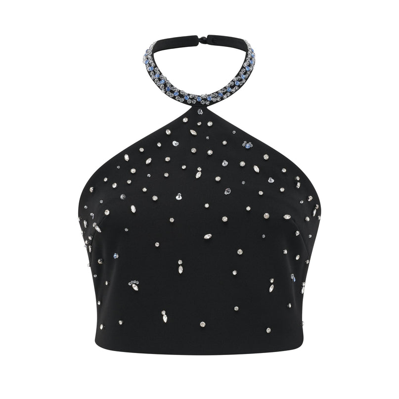 Clarissa Black Crystal Embellished Halterneck Skirt and Top Set