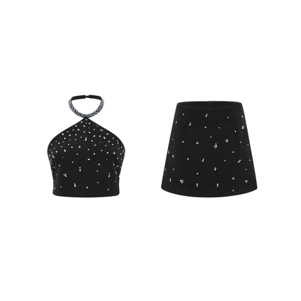 Clarissa Black Crystal Embellished Halterneck Skirt Top Set