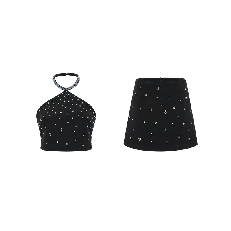 Clarissa Black Crystal Embellished Halterneck Skirt Top Set