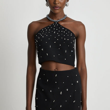 Clarissa Black Crystal Embellished Halterneck Skirt Top Set