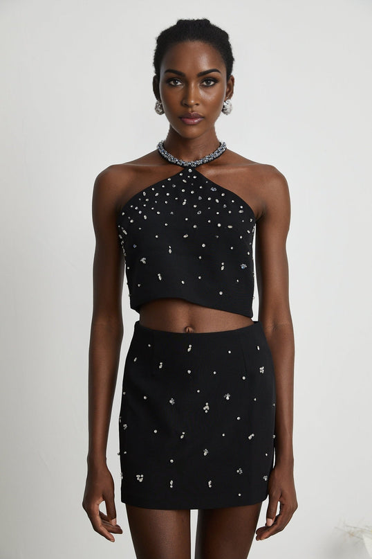 Clarissa Black Crystal Embellished Halterneck Skirt Top Set