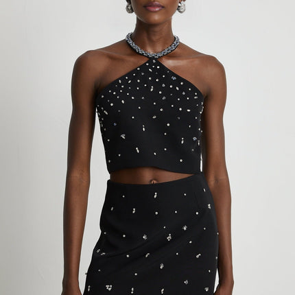 Clarissa Black Crystal Embellished Halterneck Skirt Top Set