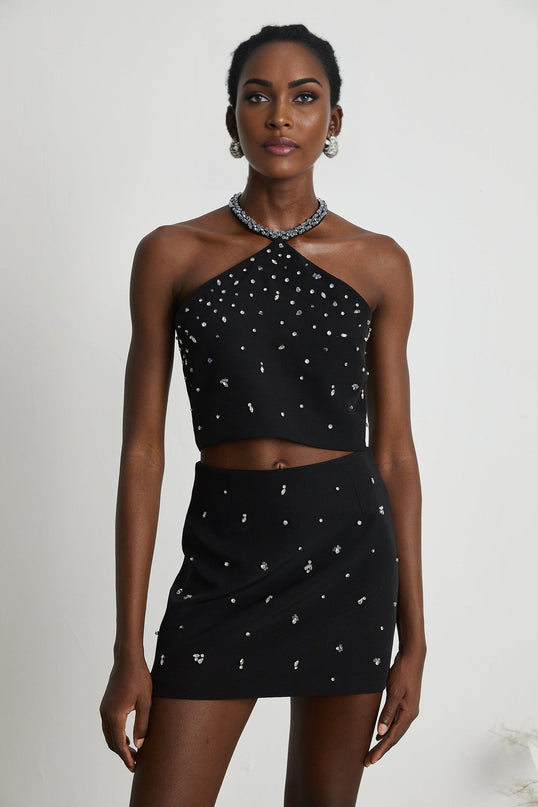Clarissa Black Crystal Embellished Halterneck Skirt Top Set