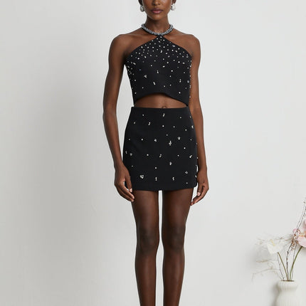 Clarissa Black Crystal Embellished Halterneck Skirt Top Set