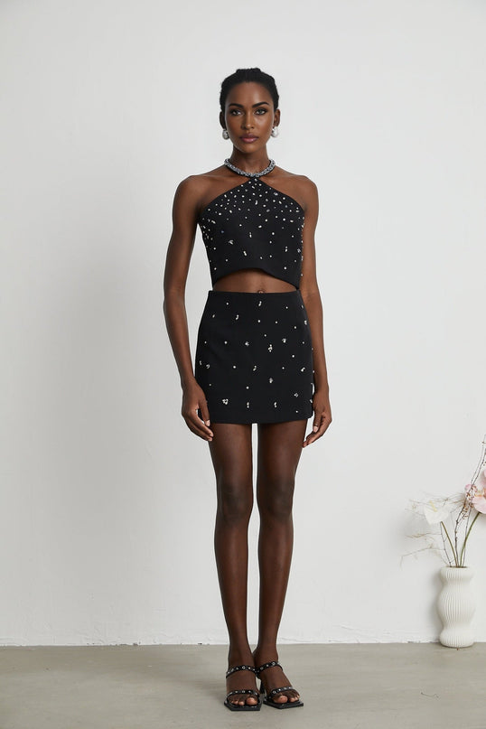 Clarissa Black Crystal Embellished Halterneck Skirt Top Set