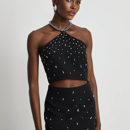 Clarissa Black Crystal Embellished Halterneck Skirt Top Set