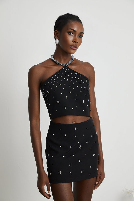 Clarissa Black Crystal Embellished Halterneck Skirt Top Set