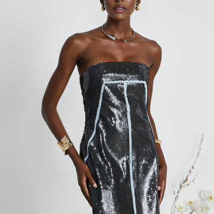Clarissa Black Sequin Mini Dress off-the-shoulder corset-style silhouette thigh-length straight hemline 78% Polyamide 22% Elastane luxury