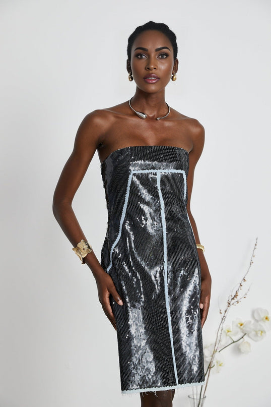 Clarissa Black Sequin Mini Dress off-the-shoulder corset-style silhouette thigh-length straight hemline 78% Polyamide 22% Elastane luxury