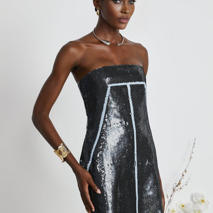 Clarissa Black Sequin Mini Dress off-the-shoulder corset-style silhouette thigh-length straight hemline 78% Polyamide 22% Elastane luxury