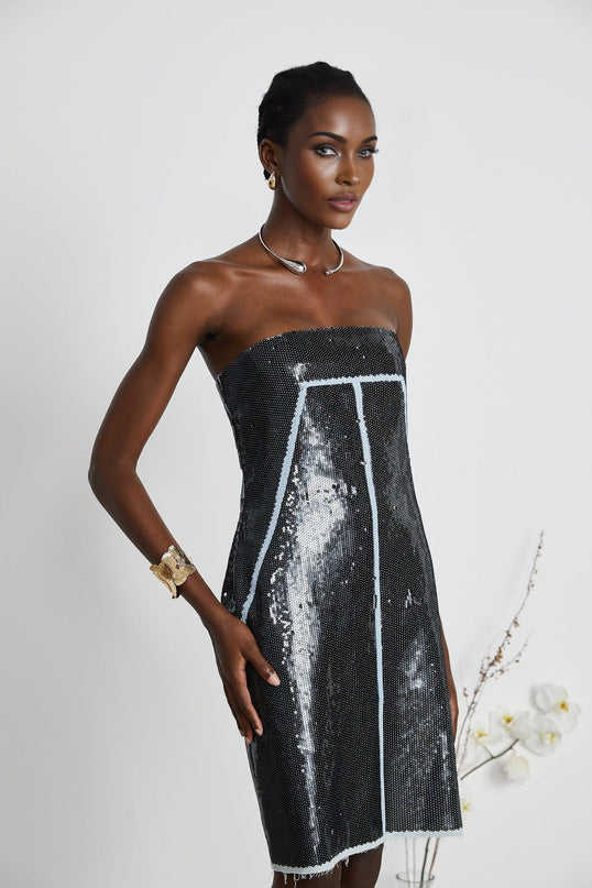 Clarissa Black Sequin Mini Dress off-the-shoulder corset-style silhouette thigh-length straight hemline 78% Polyamide 22% Elastane luxury