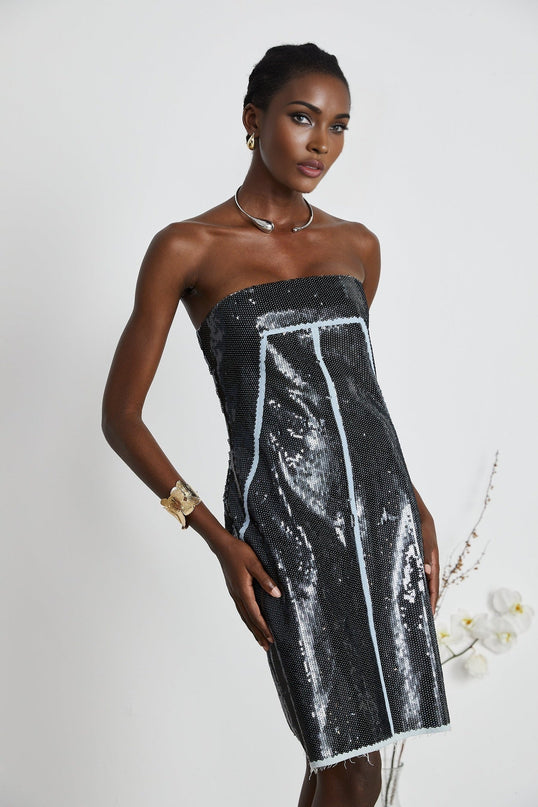 Clarissa Black Sequin Mini Dress with Off-the-Shoulder Design and Corset Silhouette