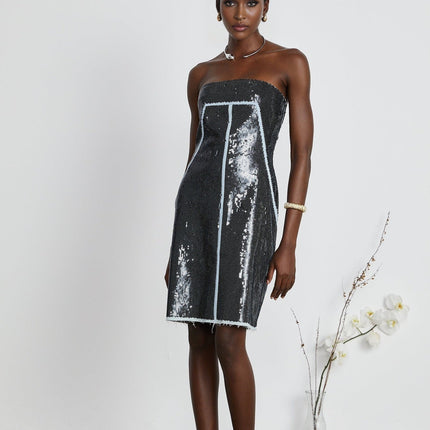 Clarissa Black Sequin Mini Dress off-the-shoulder corset style silhouette thigh-length