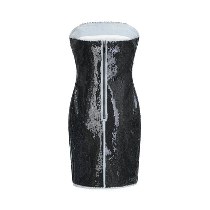 Clarissa Black Sequin Mini Dress off-the-shoulder corset-style silhouette thigh-length straight hemline 78% Polyamide 22% Elastane luxury elegance sophistication fashion connoisseur rear zip fastening