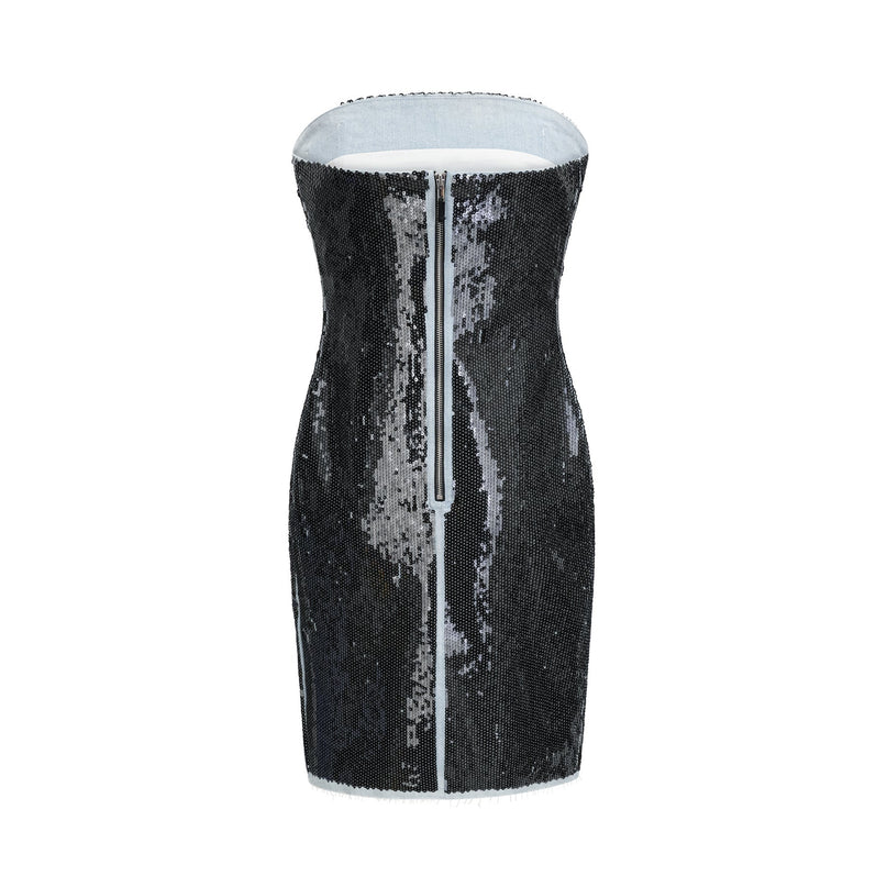 Clarissa Black Sequin Mini Dress off-the-shoulder corset-style silhouette thigh-length straight hemline 78% Polyamide 22% Elastane luxury elegance sophistication fashion connoisseur rear zip fastening