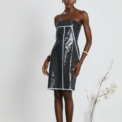 Clarissa Black Sequin Mini Dress with off-the-shoulder design and corset-style silhouette
