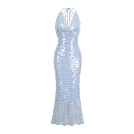Clarissa Blue Sequin Cowl Neck Midi Dress Backless Self-Tie Detail