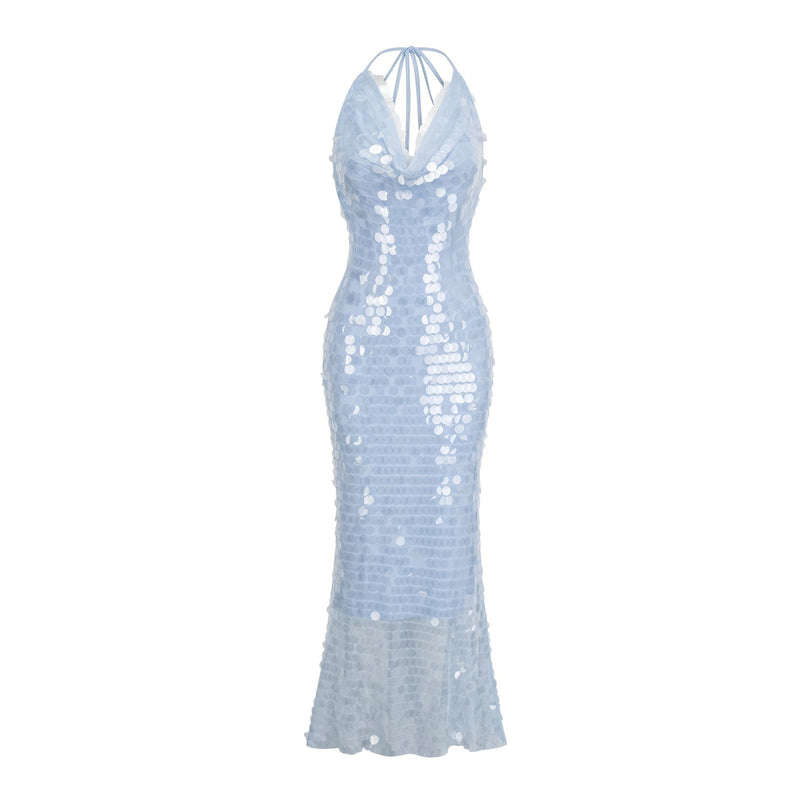 Clarissa Blue Sequin Cowl Neck Midi Dress Backless Self-Tie Detail