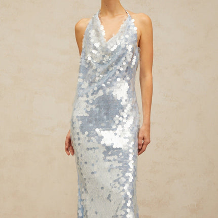 Clarissa Blue Sequin Cowl Neck Midi Dress