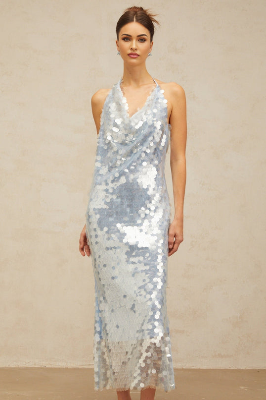 Clarissa Blue Sequin Cowl Neck Midi Dress