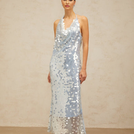 Clarissa Blue Sequin Cowl Neck Midi Dress with Backless Design