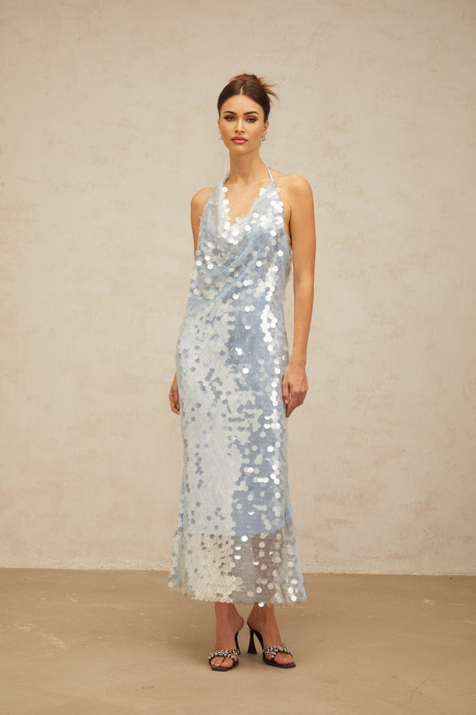 Clarissa Blue Sequin Cowl Neck Midi Dress with Backless Design